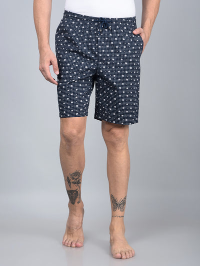 Navy Blue Floral Print 100% Cotton Lounge Shorts-Men Lounge Shorts-Crimsoune Club