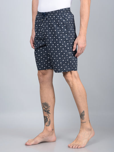 Navy Blue Floral Print 100% Cotton Lounge Shorts-Men Lounge Shorts-Crimsoune Club