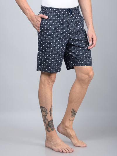 Navy Blue Floral Print 100% Cotton Lounge Shorts-Men Lounge Shorts-Crimsoune Club