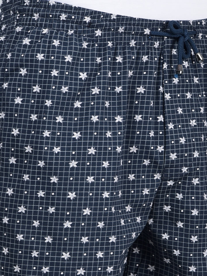 Navy Blue Floral Print 100% Cotton Lounge Shorts-Men Lounge Shorts-Crimsoune Club
