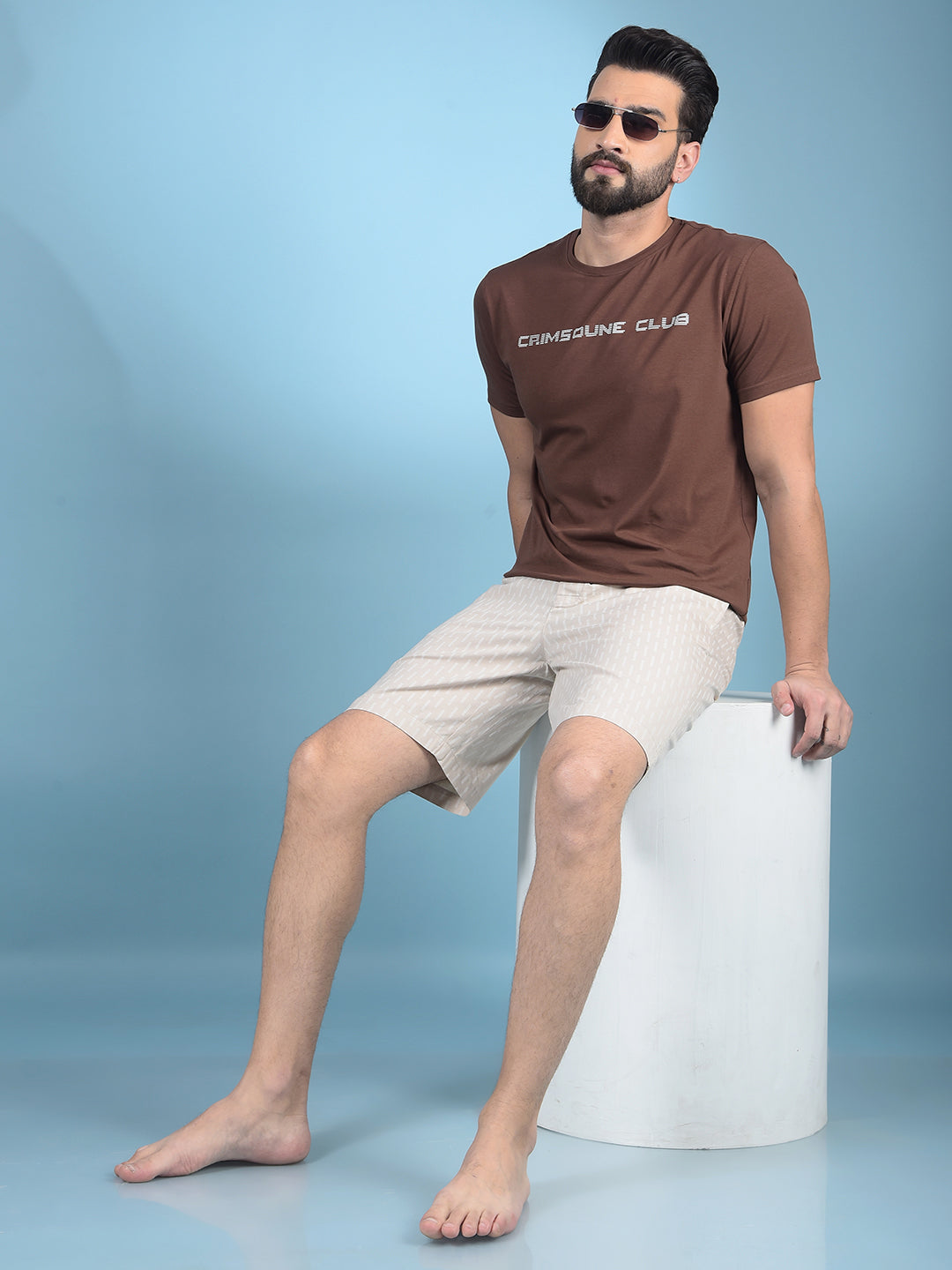 Beige Printed 100% Cotton Lounge Shorts-Men Lounge Shorts-Crimsoune Club