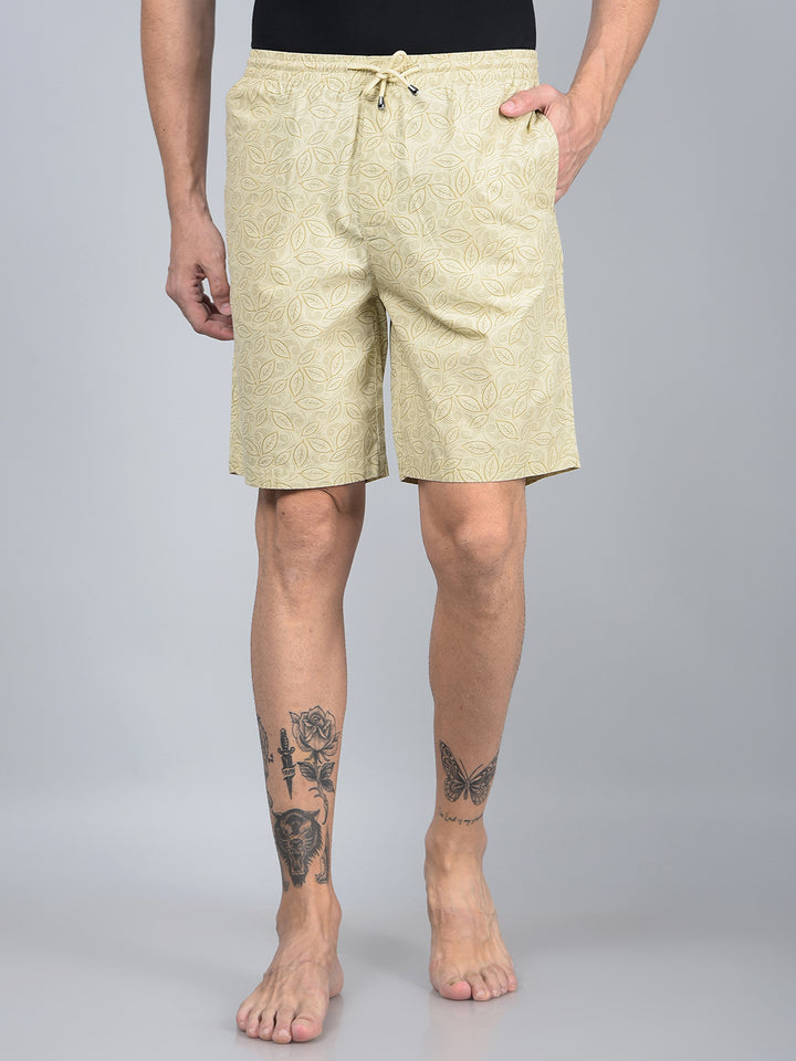Beige Floral Print 100% Cotton Lounge Shorts-Men Lounge Shorts-Crimsoune Club