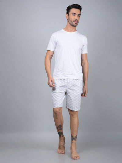 White Floral Print 100% Cotton Lounge Shorts-Men Lounge Shorts-Crimsoune Club