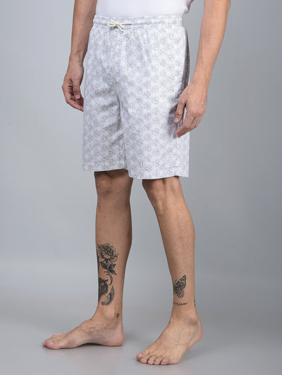 White Floral Print 100% Cotton Lounge Shorts-Men Lounge Shorts-Crimsoune Club