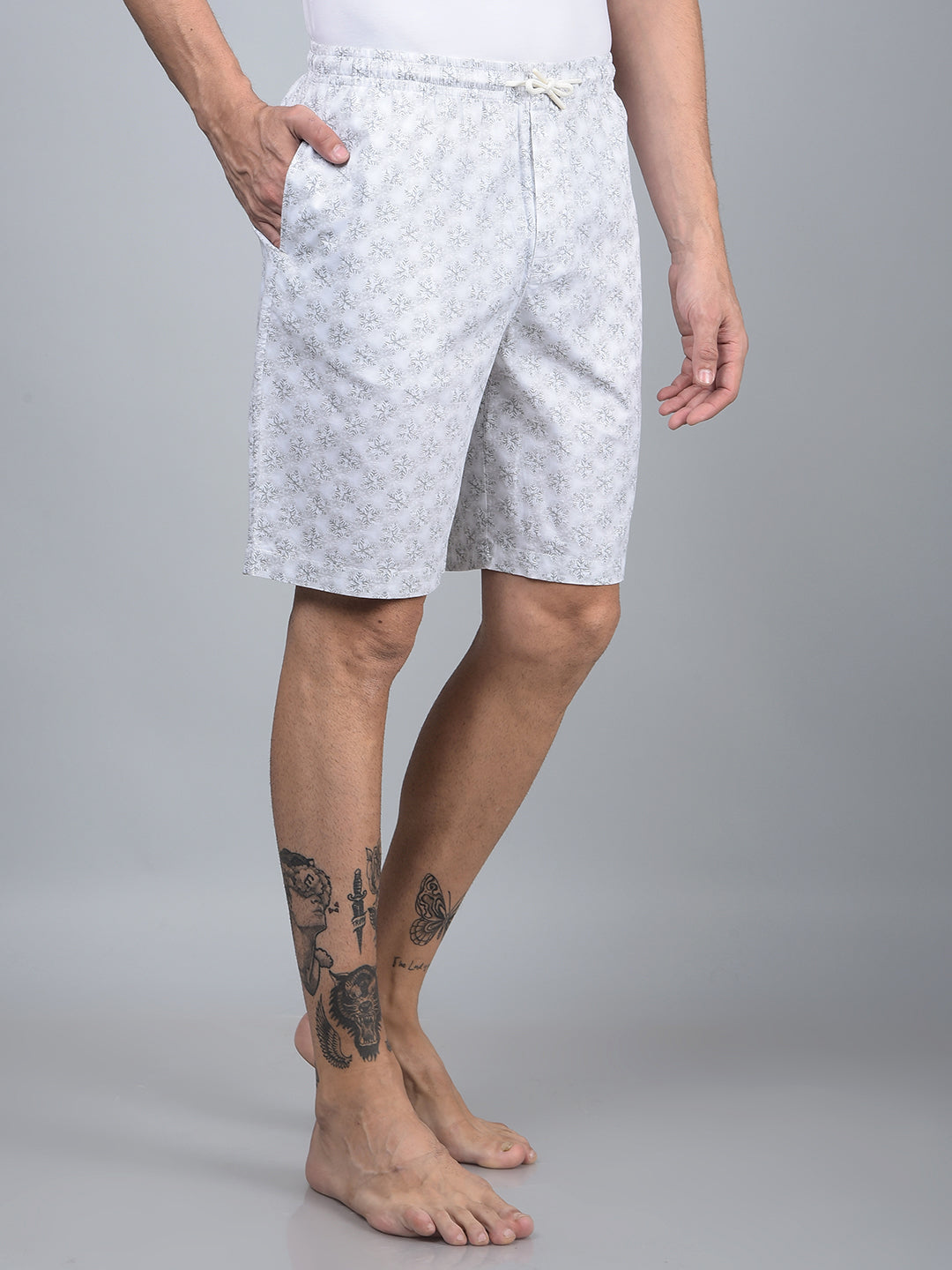 White Floral Print 100% Cotton Lounge Shorts-Men Lounge Shorts-Crimsoune Club