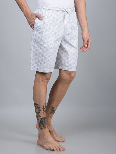 White Floral Print 100% Cotton Lounge Shorts-Men Lounge Shorts-Crimsoune Club
