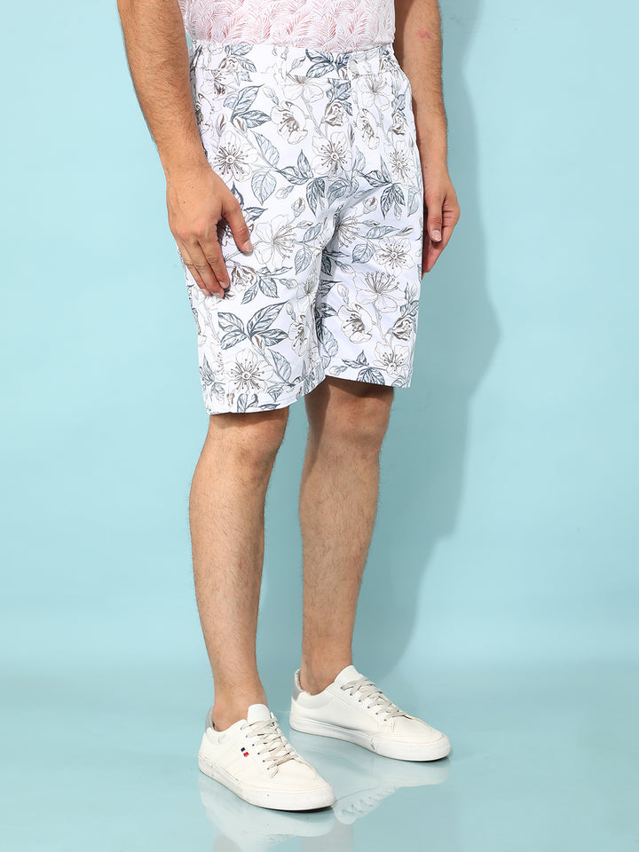 White Floral Print Shorts-Men Shorts-Crimsoune Club