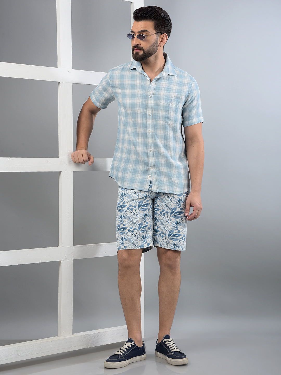 Blue Floral Print 100% Cotton Shorts-Men Shorts-Crimsoune Club