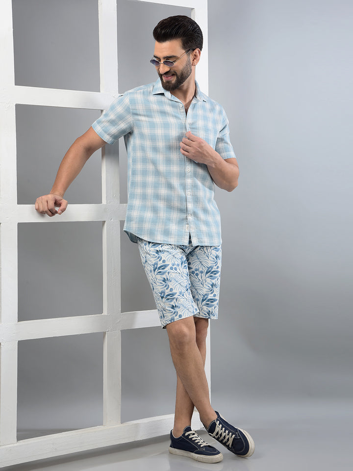 Blue Floral Print 100% Cotton Shorts-Men Shorts-Crimsoune Club