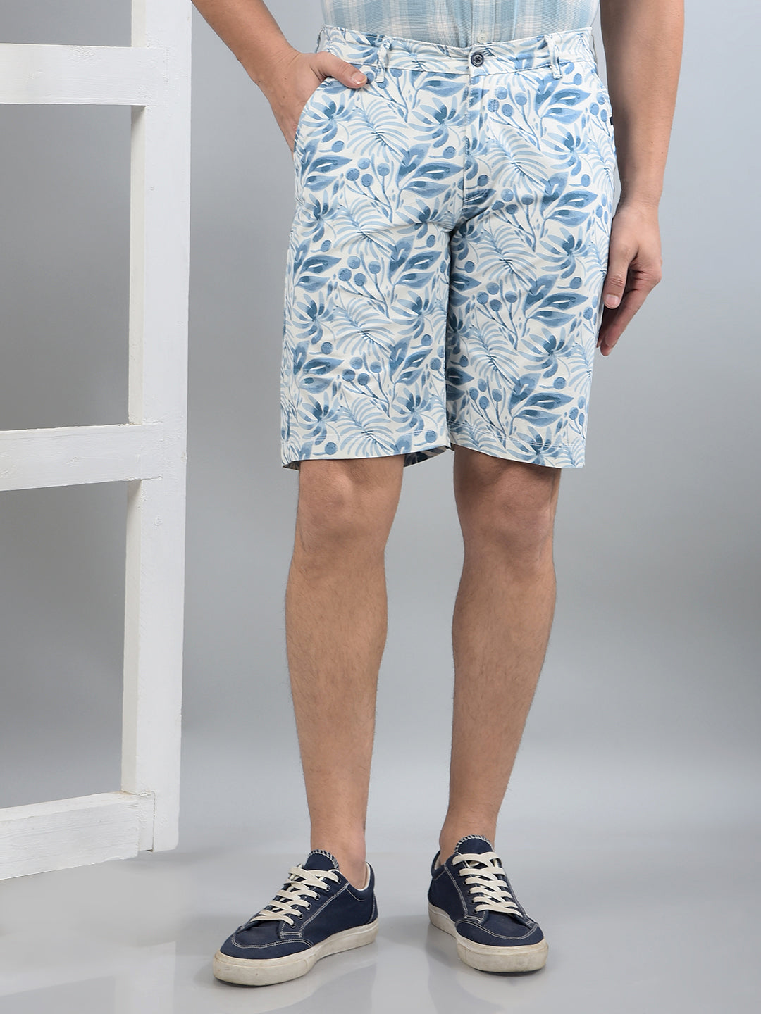 Blue Floral Print 100% Cotton Shorts-Men Shorts-Crimsoune Club
