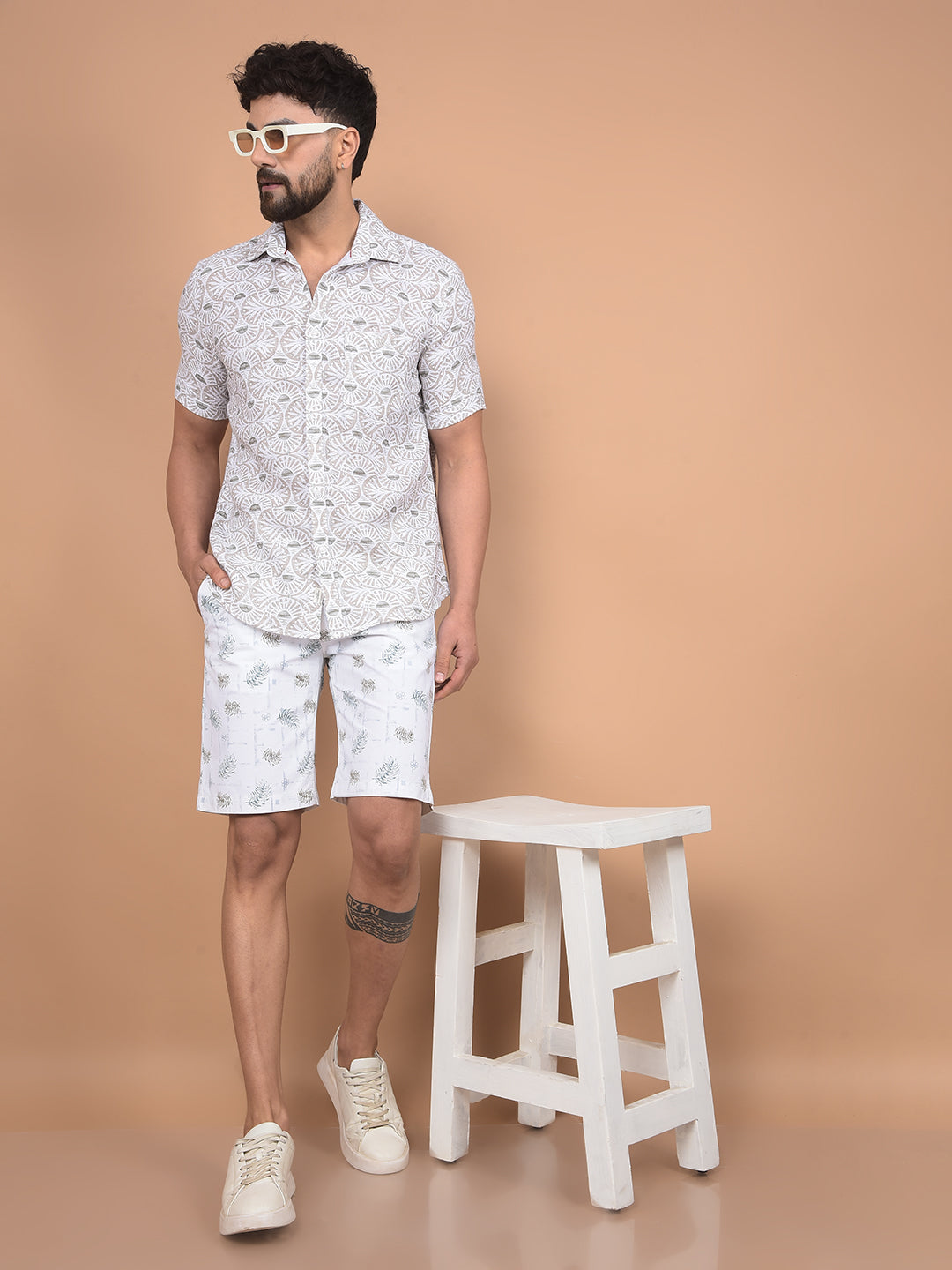 White Floral Print 100% Cotton Shorts-Men Shorts-Crimsoune Club