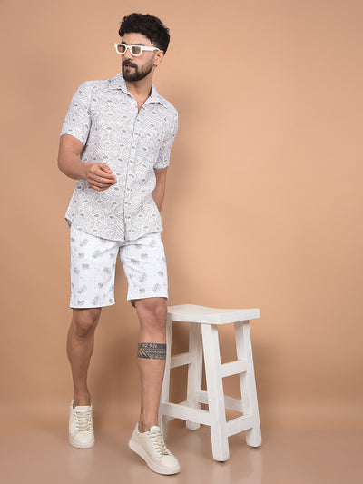 White Floral Print 100% Cotton Shorts-Men Shorts-Crimsoune Club