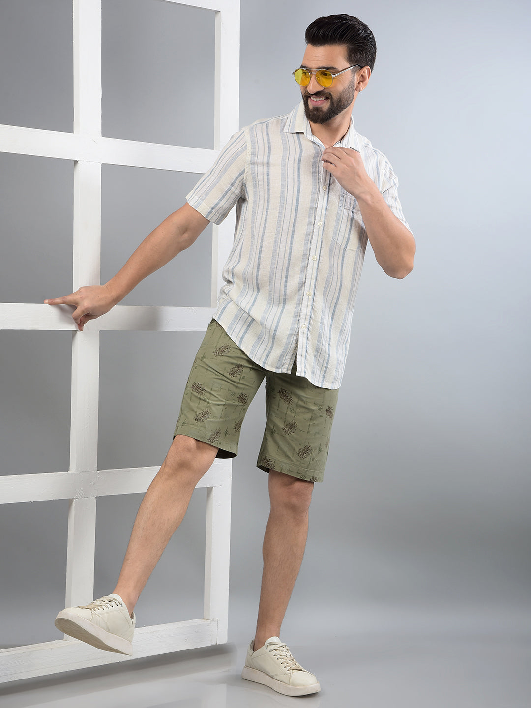 Olive Floral Print 100% Cotton Shorts-Men Shorts-Crimsoune Club