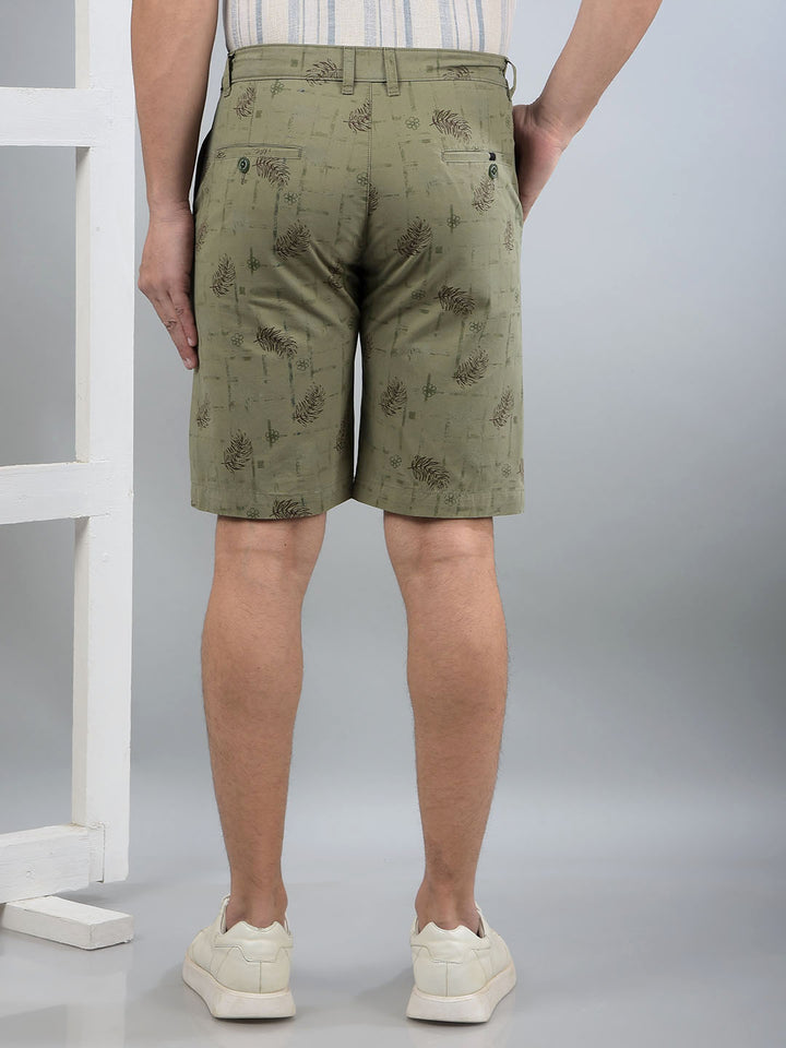 Olive Floral Print 100% Cotton Shorts-Men Shorts-Crimsoune Club