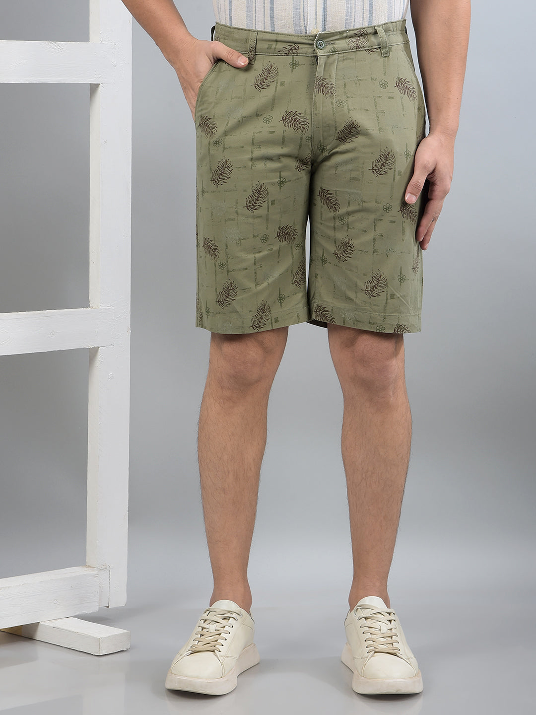 Olive Floral Print 100% Cotton Shorts-Men Shorts-Crimsoune Club
