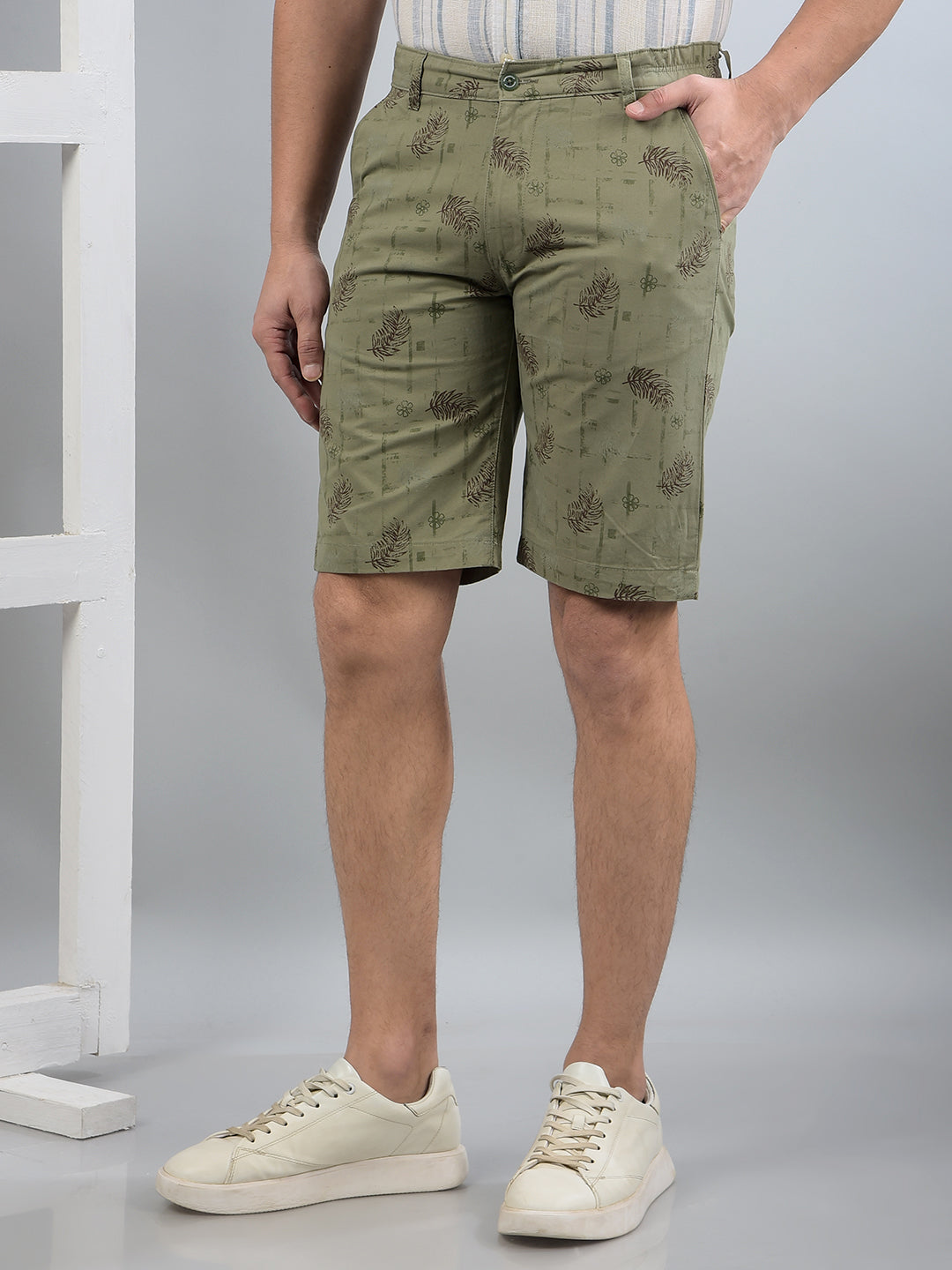 Olive Floral Print 100% Cotton Shorts-Men Shorts-Crimsoune Club