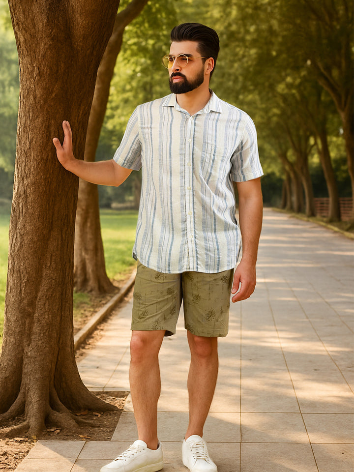 Olive Floral Print 100% Cotton Shorts-Men Shorts-Crimsoune Club