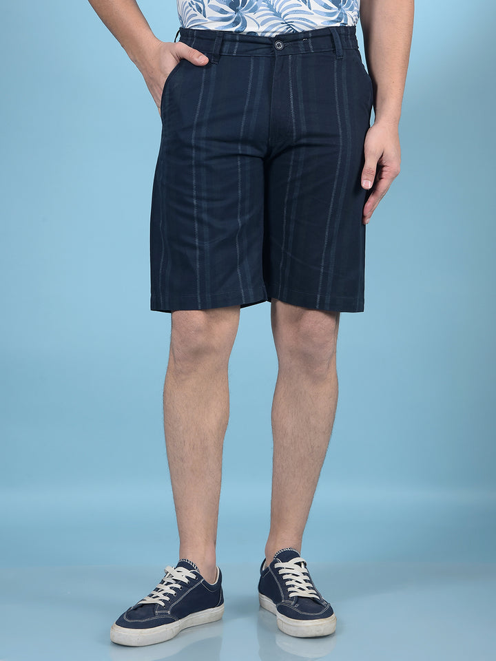 Navy Blue Vertical Stripes 100% Cotton Shorts-Men Shorts-Crimsoune Club