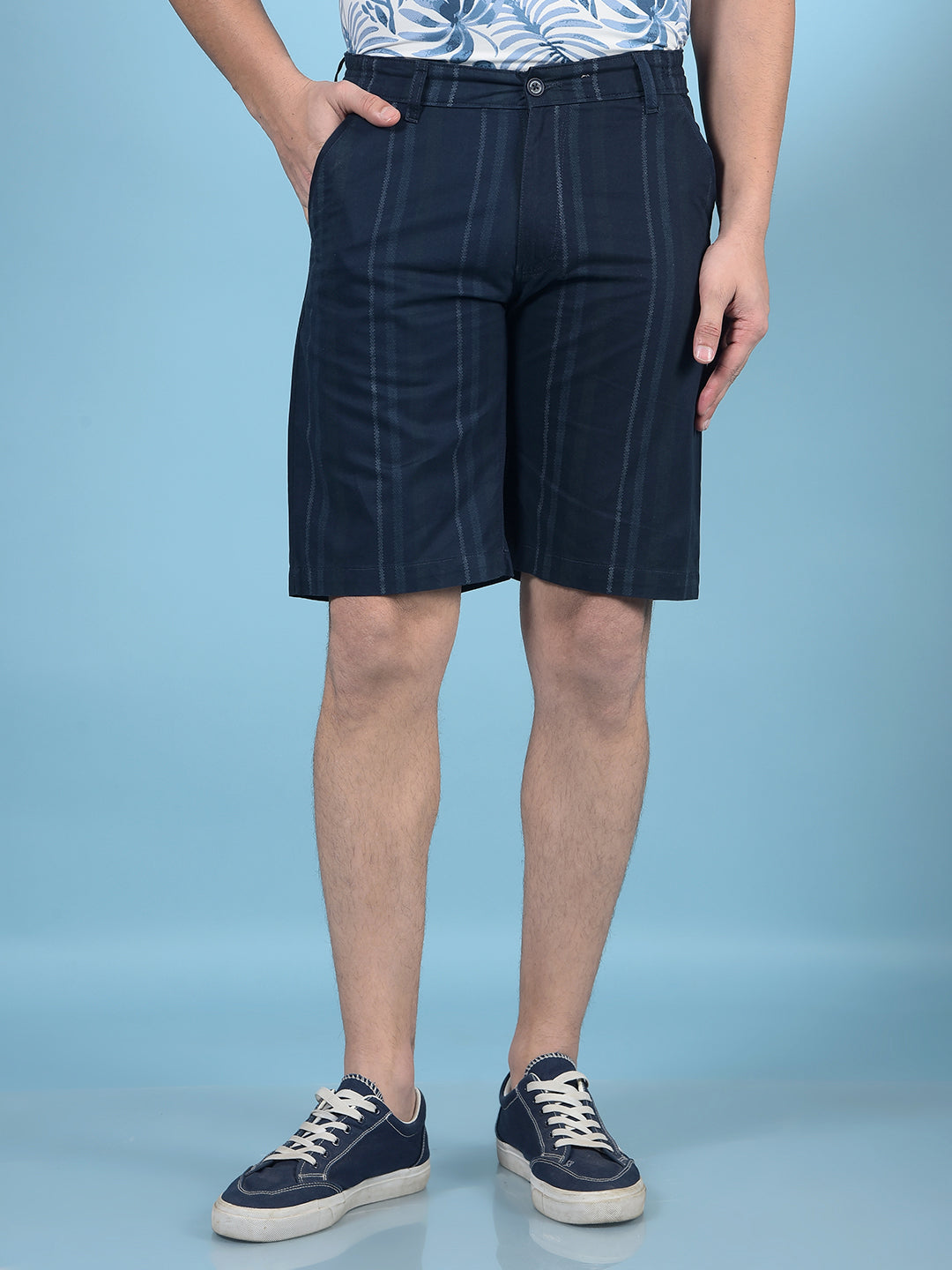 Navy Blue Vertical Stripes 100% Cotton Shorts-Men Shorts-Crimsoune Club