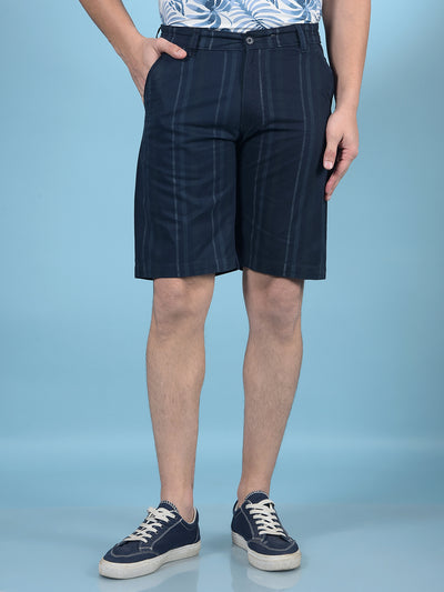 Navy Blue Vertical Stripes 100% Cotton Shorts-Men Shorts-Crimsoune Club