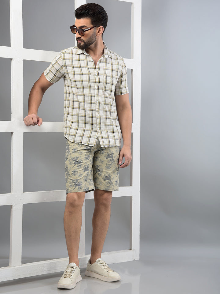 Beige Floral Print 100% Cotton Shorts-Men Shorts-Crimsoune Club
