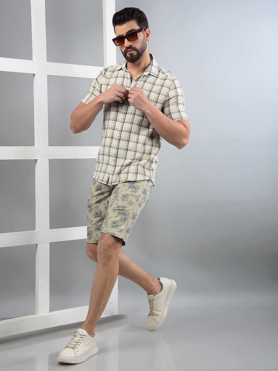 Beige Floral Print 100% Cotton Shorts-Men Shorts-Crimsoune Club