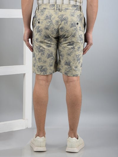 Beige Floral Print 100% Cotton Shorts-Men Shorts-Crimsoune Club