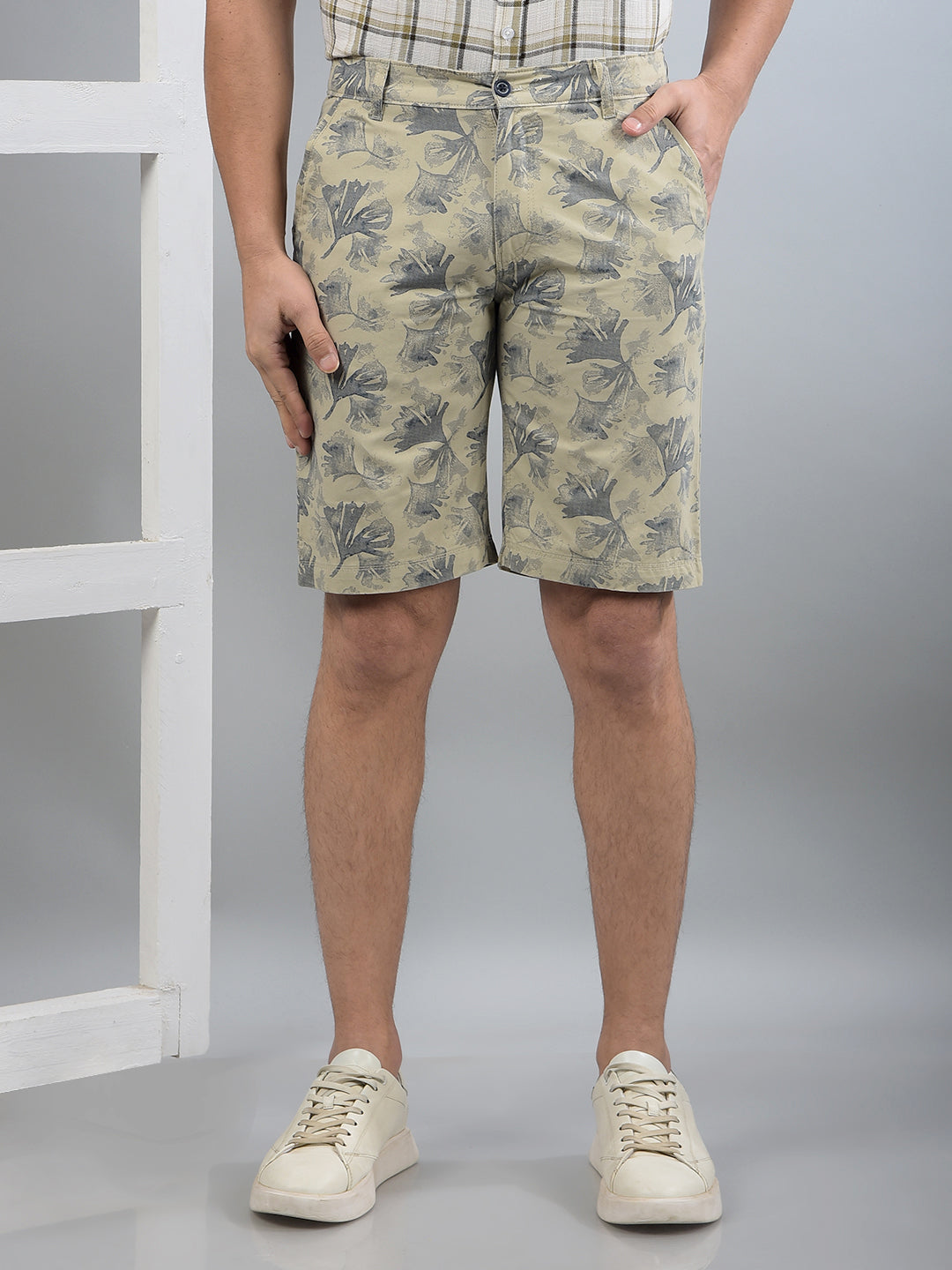 Beige Floral Print 100% Cotton Shorts-Men Shorts-Crimsoune Club