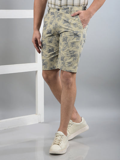Beige Floral Print 100% Cotton Shorts-Men Shorts-Crimsoune Club