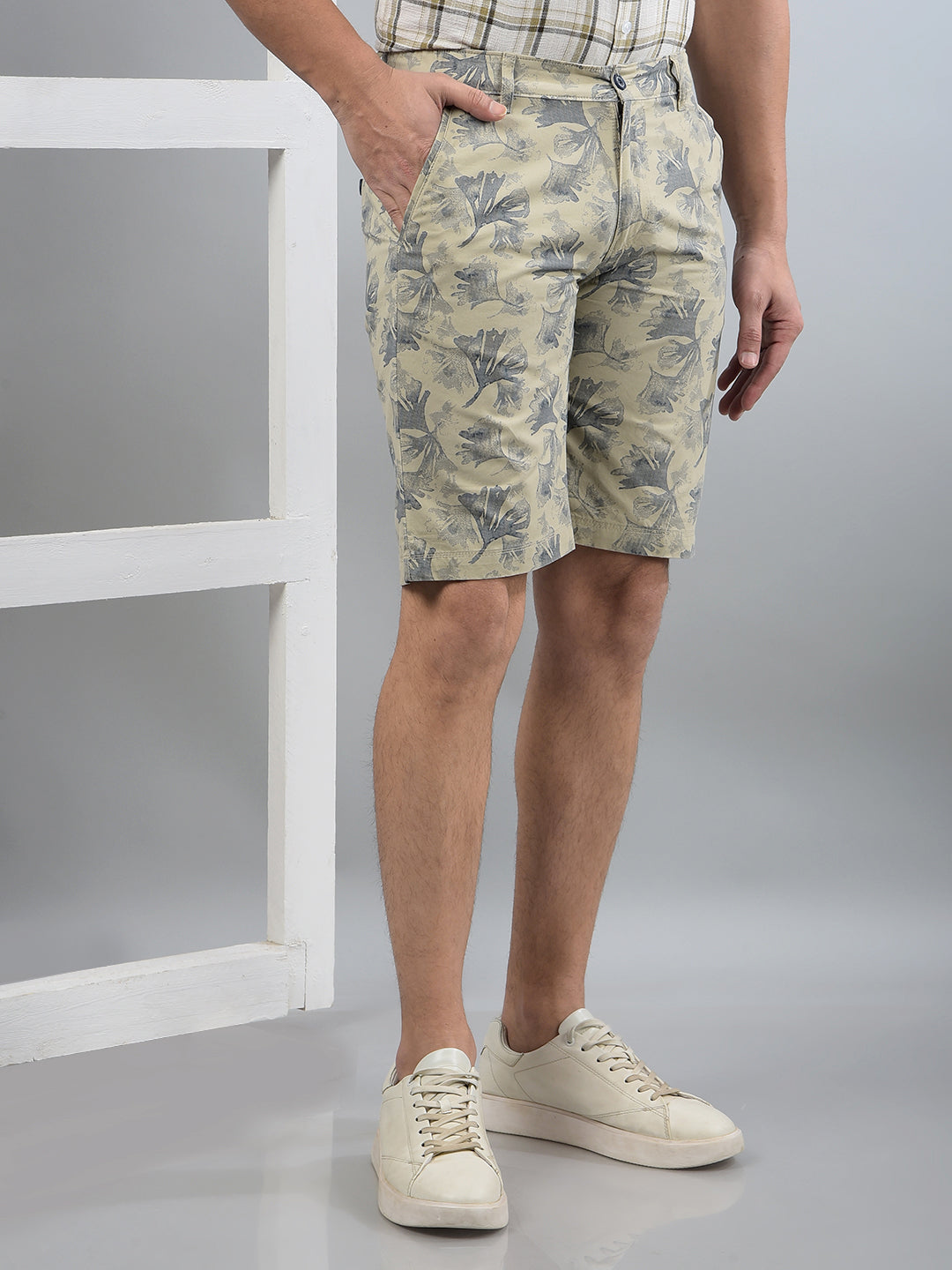 Beige Floral Print 100% Cotton Shorts-Men Shorts-Crimsoune Club