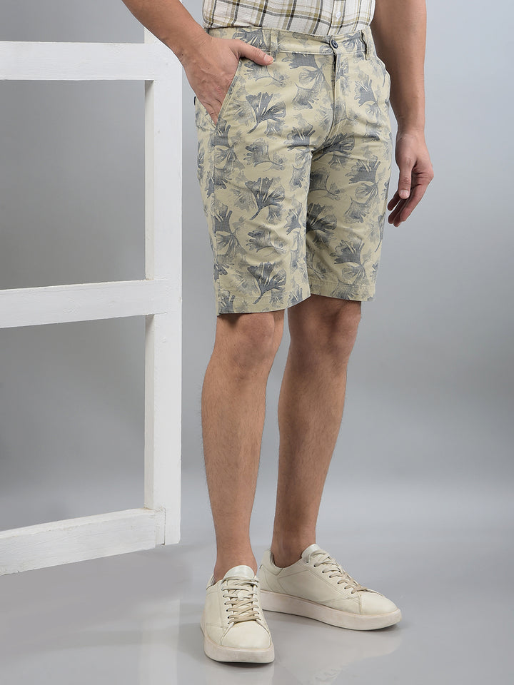 Beige Floral Print 100% Cotton Shorts-Men Shorts-Crimsoune Club