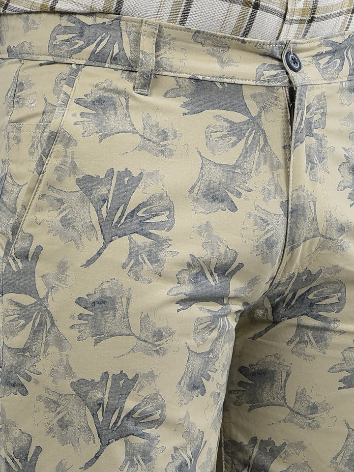 Beige Floral Print 100% Cotton Shorts-Men Shorts-Crimsoune Club