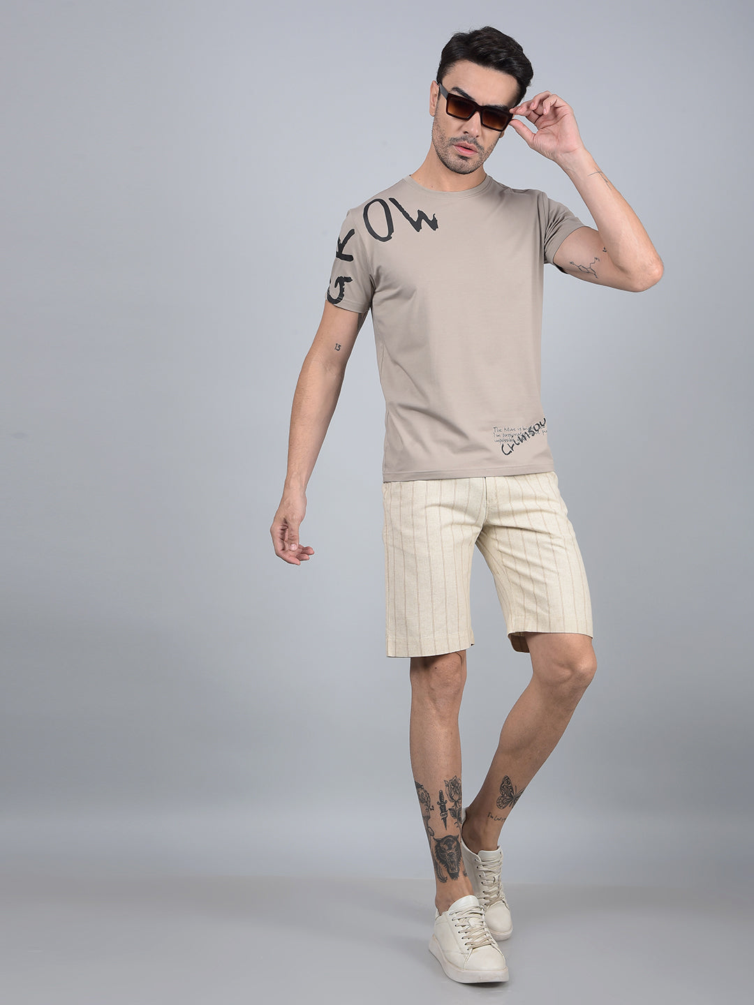 Beige Vertical Stripes Linen Shorts