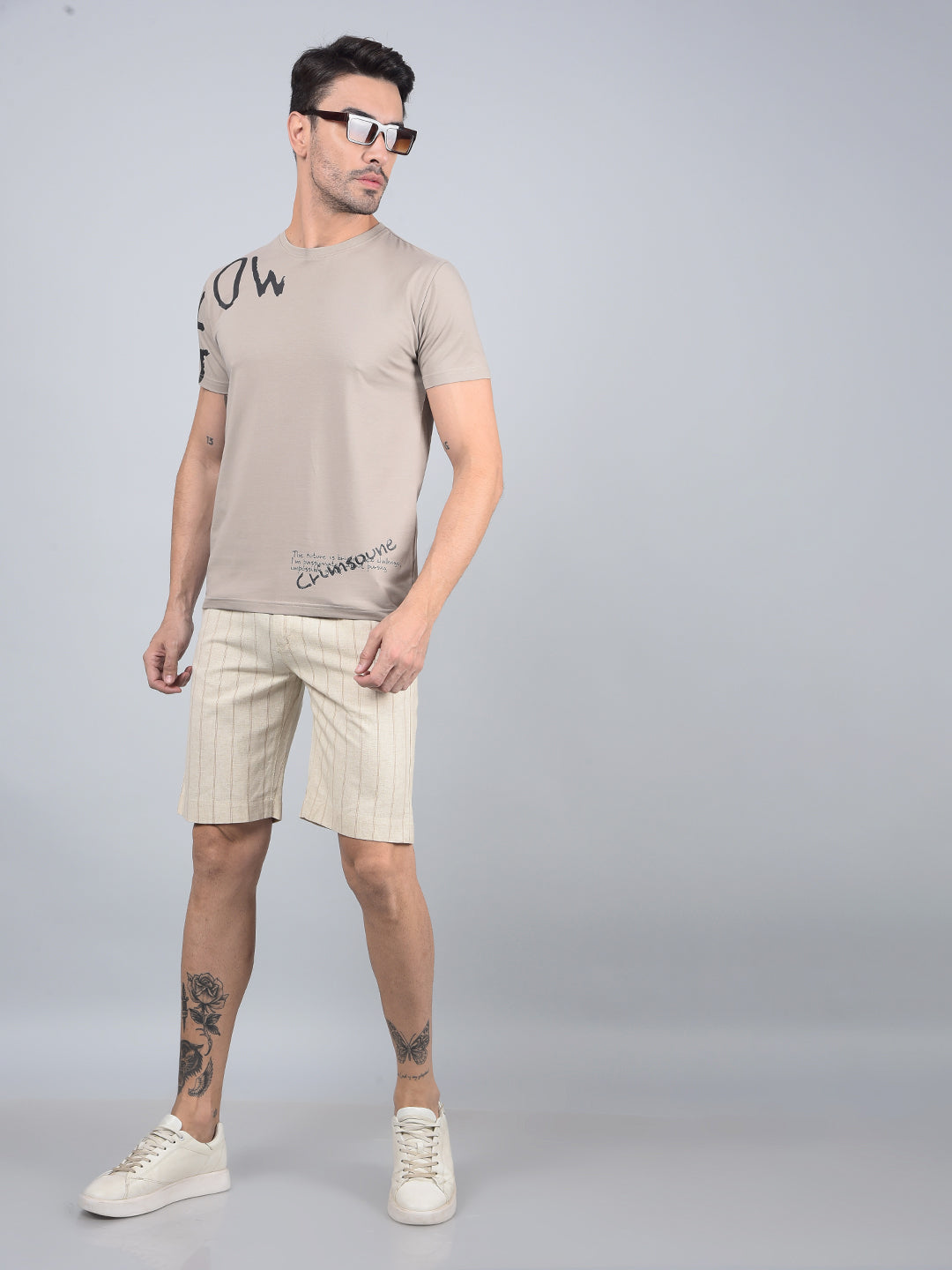 Beige Vertical Stripes Linen Shorts-Men Shorts-Crimsoune Club