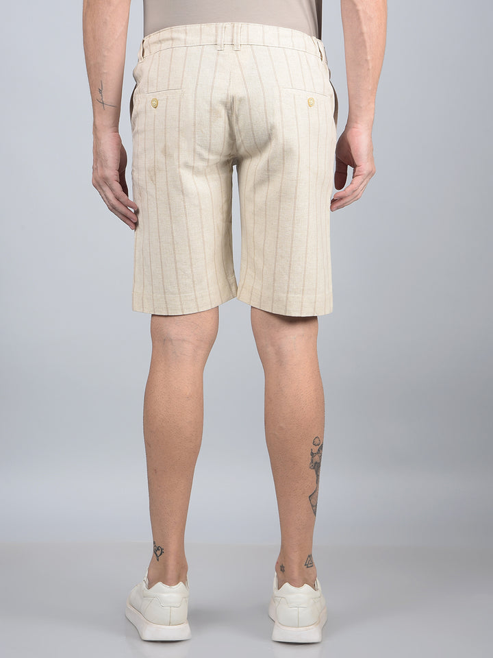 Beige Vertical Stripes Linen Shorts-Men Shorts-Crimsoune Club