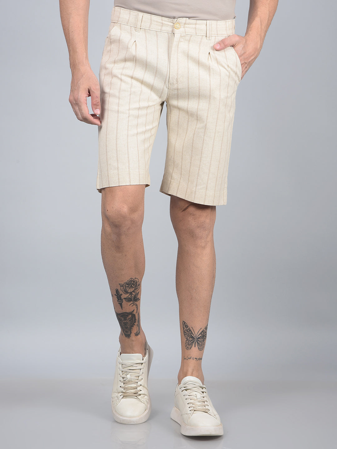 Beige Vertical Stripes Linen Shorts-Men Shorts-Crimsoune Club