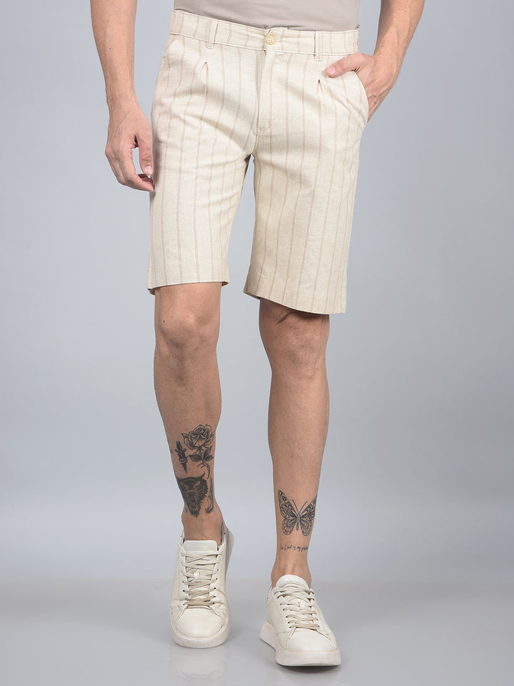 Beige Vertical Stripes Linen Shorts-Men Shorts-Crimsoune Club