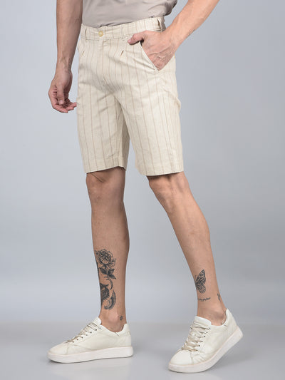 Beige Vertical Stripes Linen Shorts-Men Shorts-Crimsoune Club