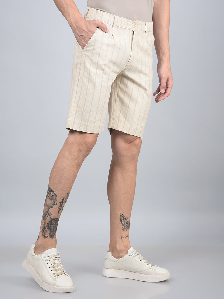 Beige Vertical Stripes Linen Shorts-Men Shorts-Crimsoune Club