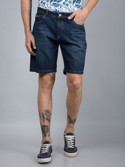 Navy Blue 100% Cotton Denim Shorts-Men Shorts-Crimsoune Club