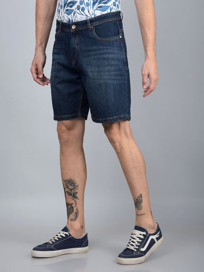 Navy Blue 100% Cotton Denim Shorts-Men Shorts-Crimsoune Club