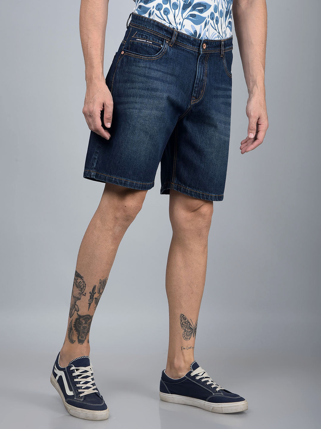 Navy Blue 100% Cotton Denim Shorts-Men Shorts-Crimsoune Club