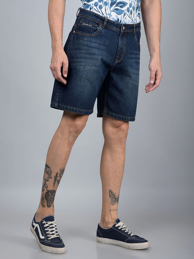 Navy Blue 100% Cotton Denim Shorts-Men Shorts-Crimsoune Club