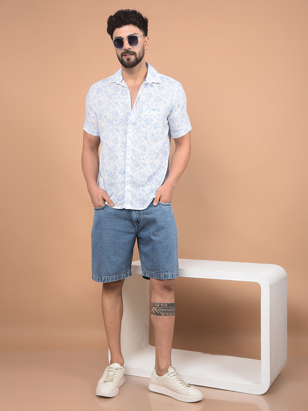 Blue Cotton Denim Shorts-Men Shorts-Crimsoune Club