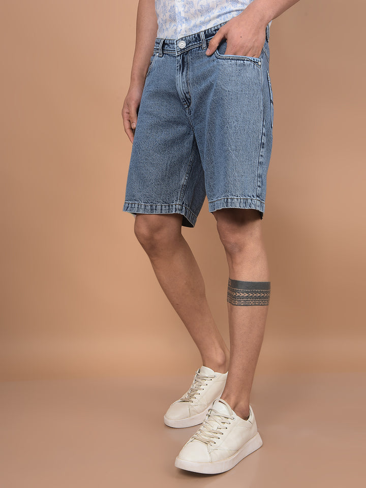 Blue Cotton Denim Shorts-Men Shorts-Crimsoune Club
