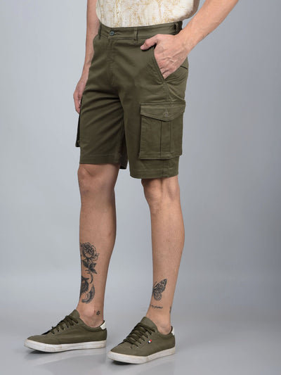 Green Cotton Cargo Shorts-Men Shorts-Crimsoune Club