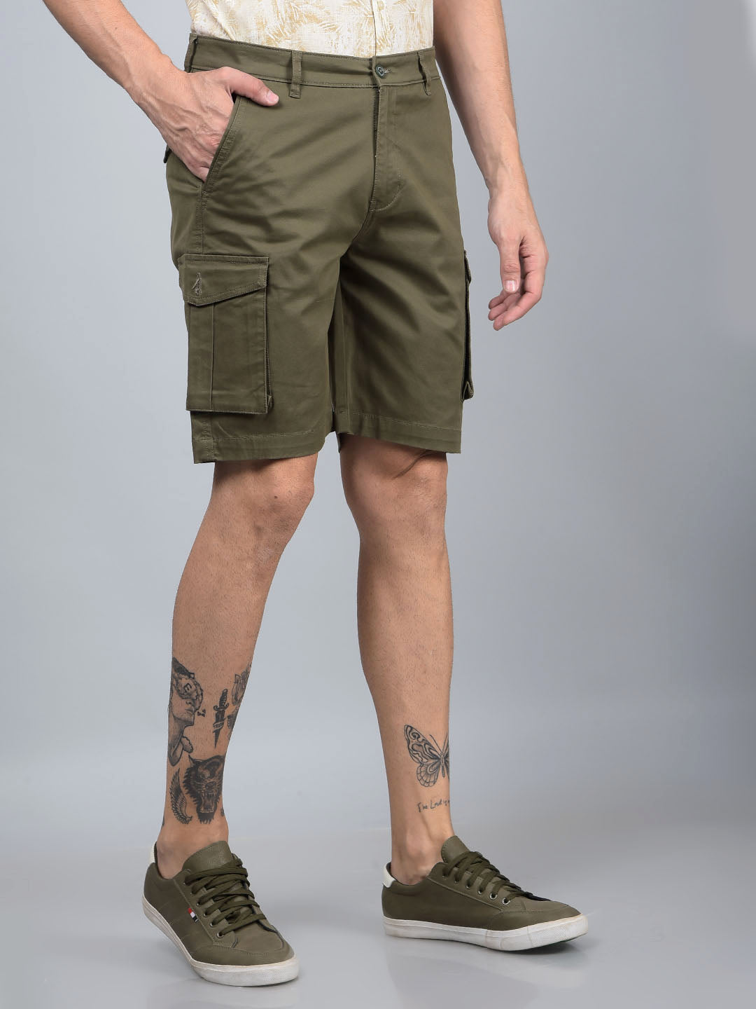 Green Cotton Cargo Shorts-Men Shorts-Crimsoune Club