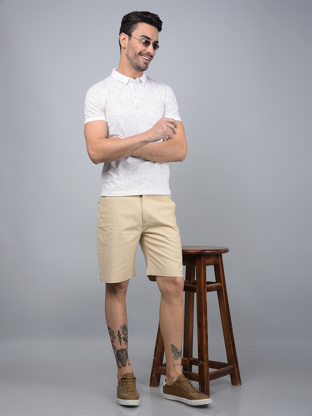 Beige Cotton Shorts-Men Shorts-Crimsoune Club