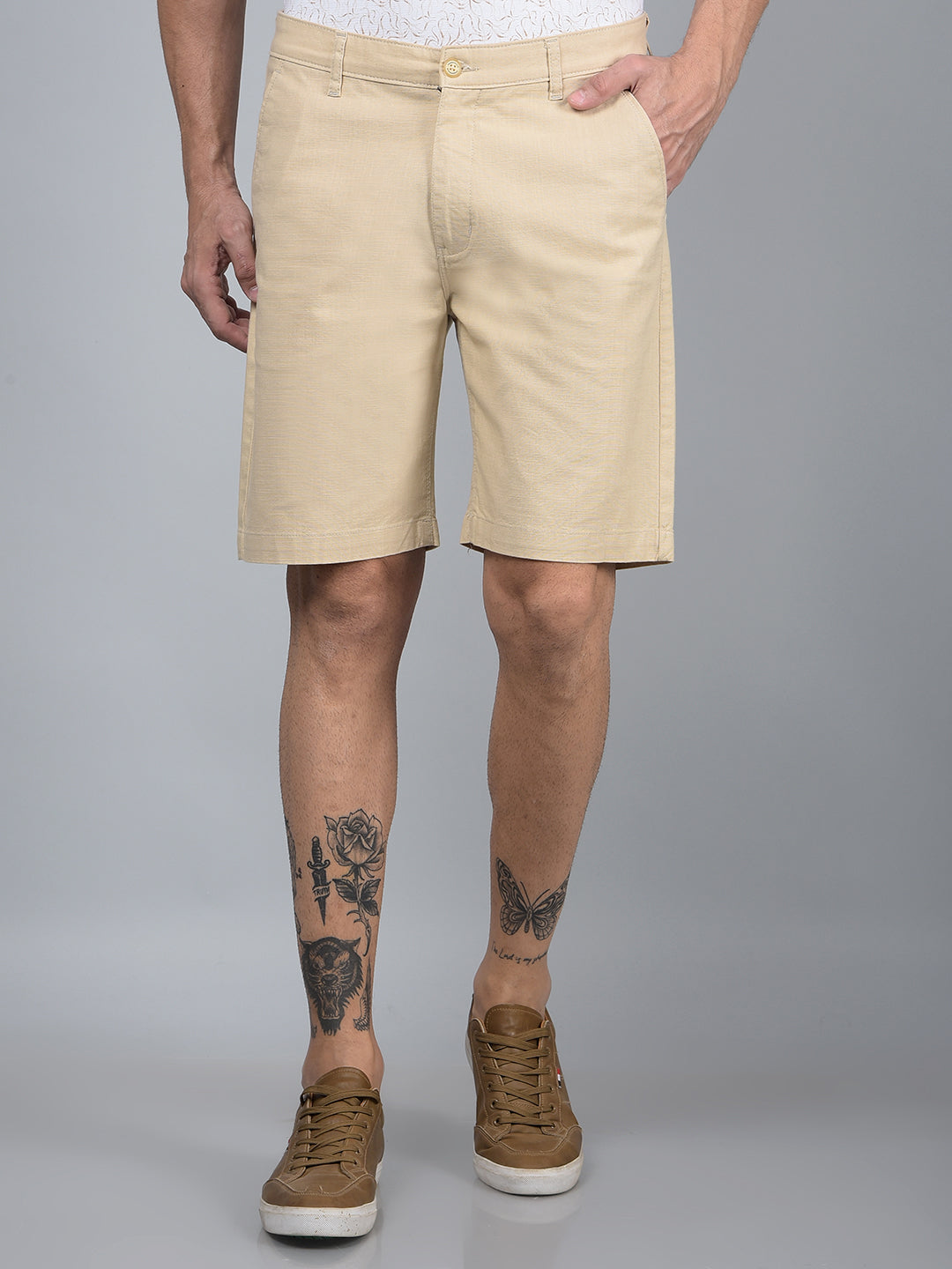 Beige Cotton Shorts-Men Shorts-Crimsoune Club