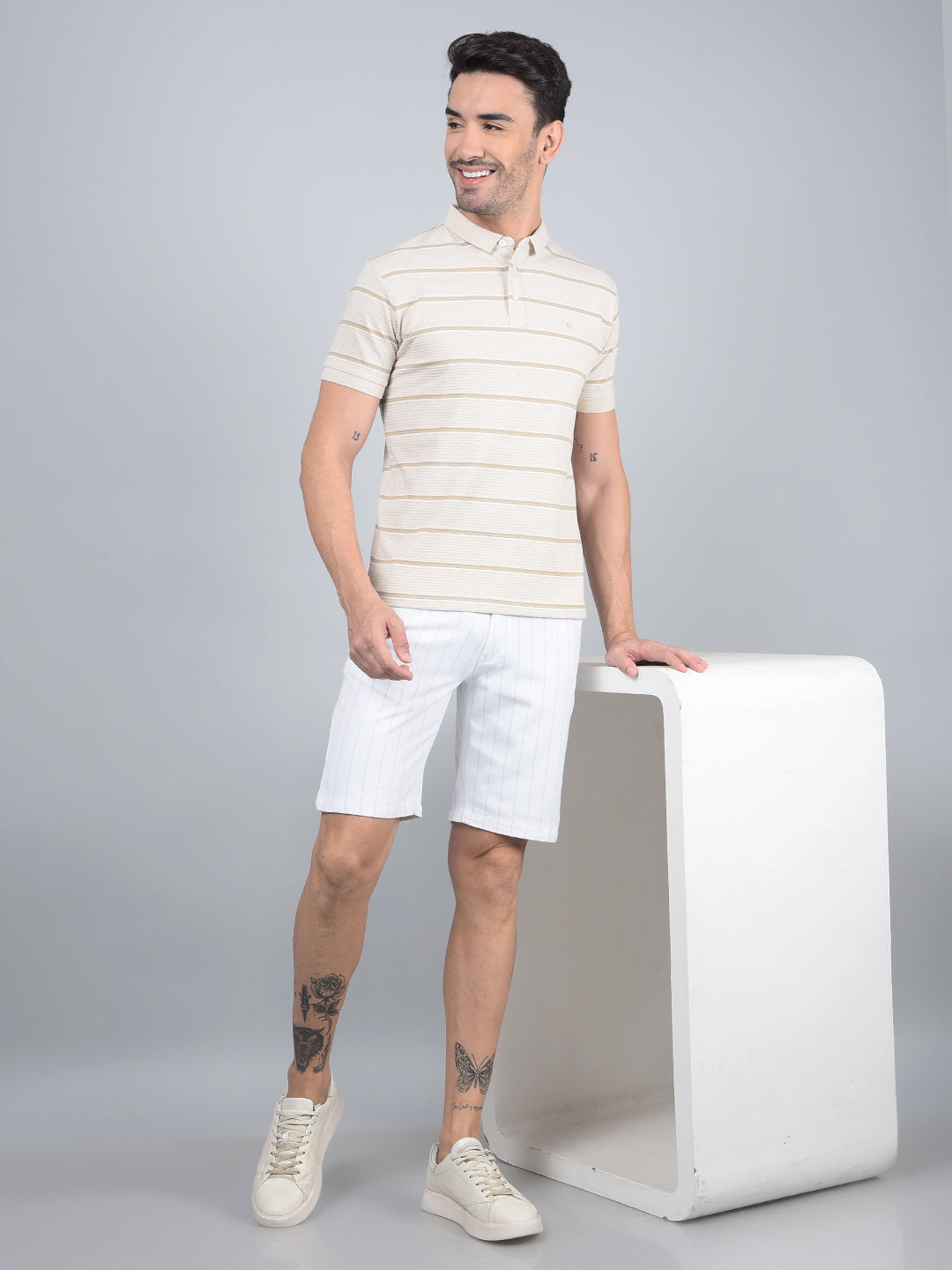 White Vertical Stripes Linen Shorts-Men Shorts-Crimsoune Club